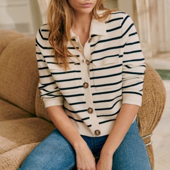 EUC Sezane Betty Merino Wool Striped Collared Cardigan Ecru Navy Small - Picture 2 of 8